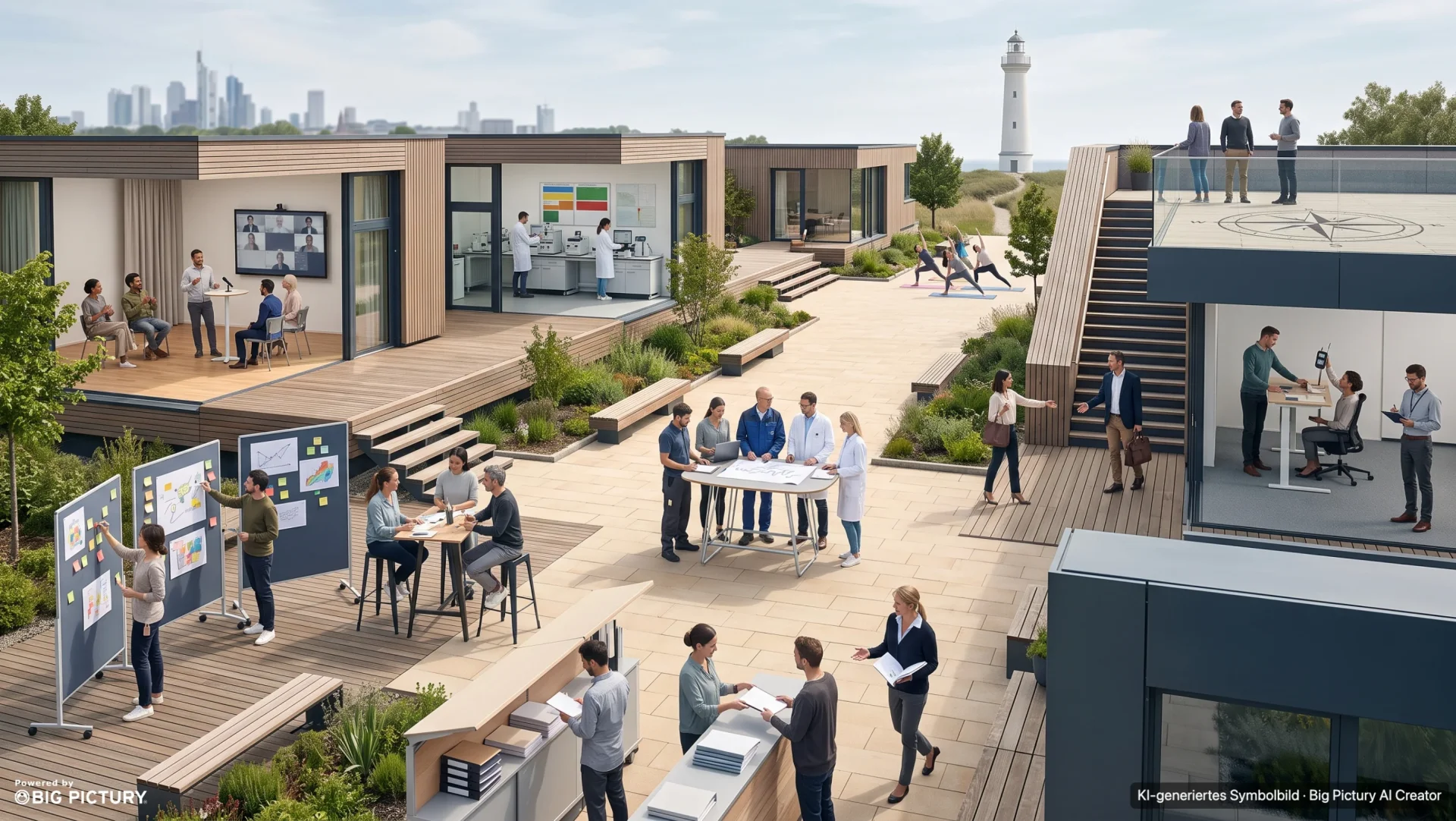 Illustrierter Campus mit acht Bereichen: Workshopfläche, Forum, Labor, Netzwerktreffen, Publikationsausgabe, Empfang, Arbeitsplatzberatung und Dachterrasse mit Kompass.